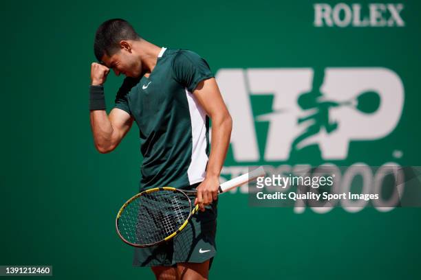 Carlos Alcaraz of Spain reacts against Sebastian Korda of United States during their men's singles round of 32 match on day four of the Rolex...