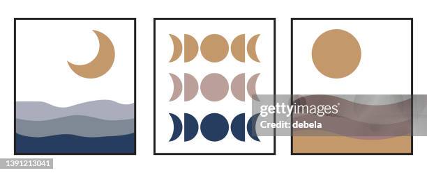 mid century modern moon and sun posters set. boho style minimal design. - sun moon stock illustrations