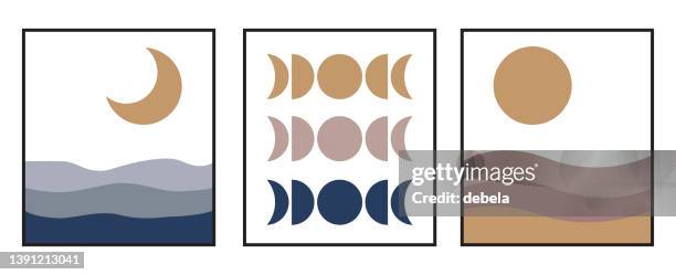 mid century modern moon and sun posters set. boho style minimal design. - triptych stock illustrations