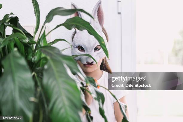 girl celebrating easter with a rabbit mask and some chocolate eggs, hiding behind a plant. easter celebration and costume concept. - easter mask stock pictures, royalty-free photos & images