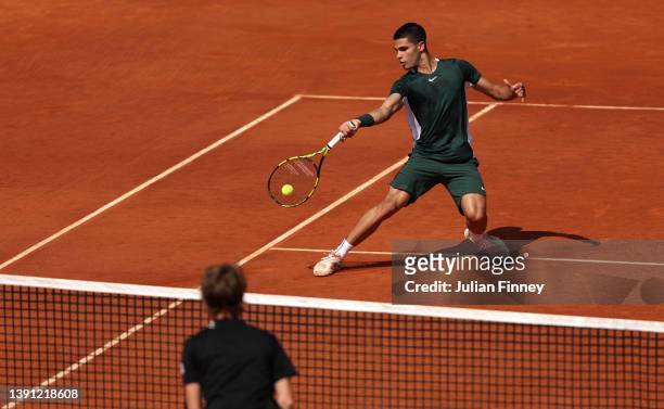 Carlos Alcaraz of Spain in action against Sebastian Korda of USA during day four of the Rolex Monte-Carlo Masters at Monte-Carlo Country Club on...