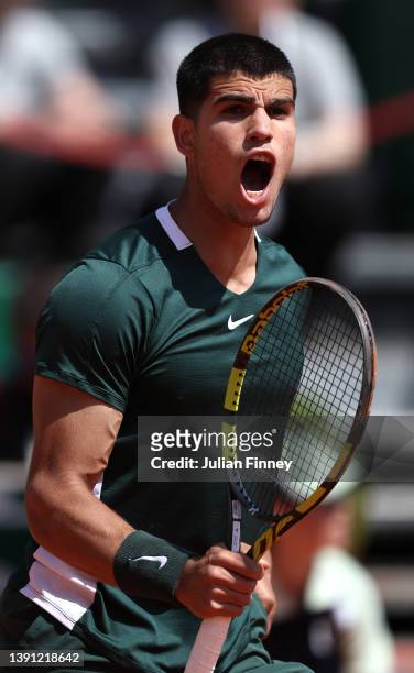 Carlos Alcaraz of Spain celebrates in his match against Sebastian Korda of USA during day four of the Rolex Monte-Carlo Masters at Monte-Carlo...