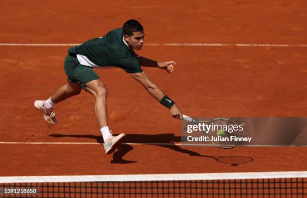 Carlos Alcaraz of Spain in action against Sebastian Korda of USA during day four of the Rolex Monte-Carlo Masters at Monte-Carlo Country Club on...