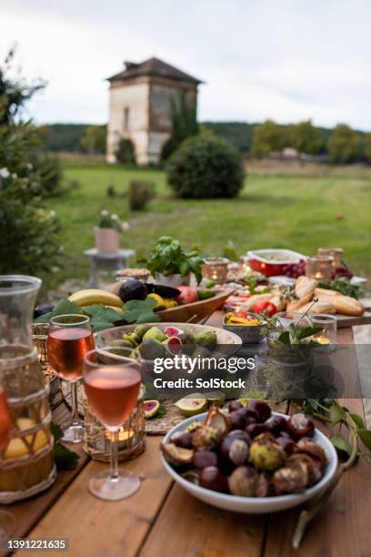 al fresco with pigeonnier in background - franse gerechten stockfoto's en -beelden