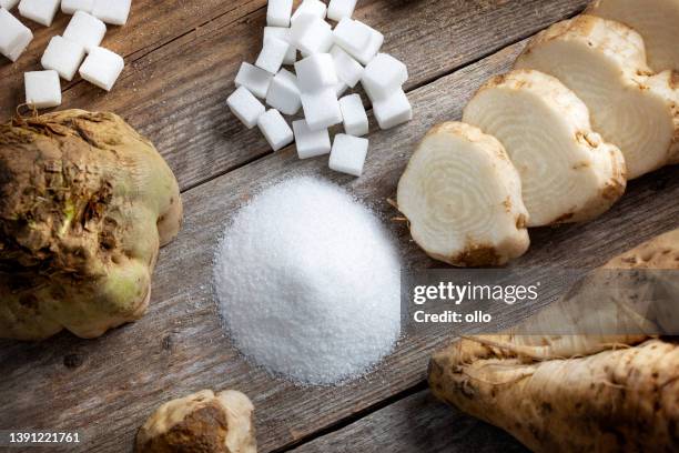 raw sugar beet with granulated and cube sugar - turbinadosocker bildbanksfoton och bilder