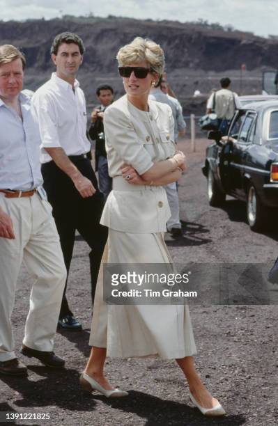 British Royal Diana, Princess of Wales , wearing an ivory Catherine Walker safari-style suit with pleated culottes, during a visit to open cast mines...