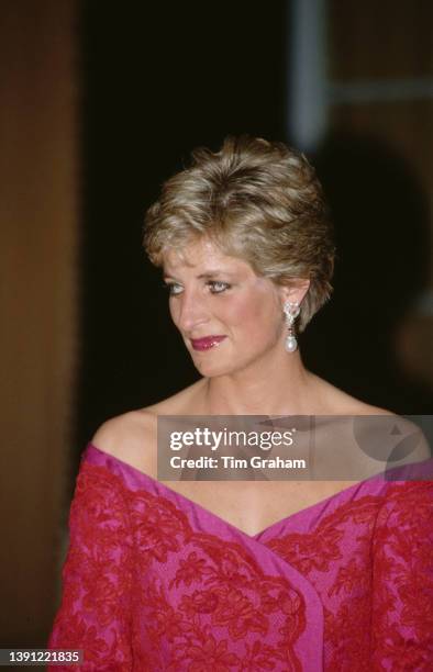 Diana, Princess of Wales , wearing a pink-and-red Catherine Walker outfit, attends an event at the Barbican Centre in London, England, 29th November...
