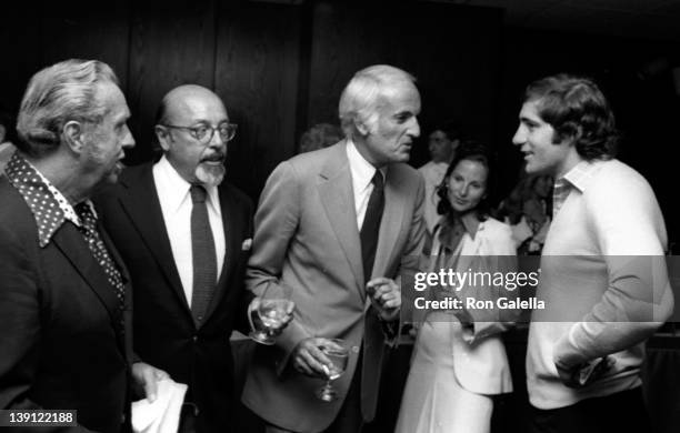 Nesushi Ertegun, Ahmet Ertegun, Steve Ross, Amanda Burden and Georgio Chinaglia attend Ahmet Ertegun Press Conference on July 27, 1977 at Cafe...