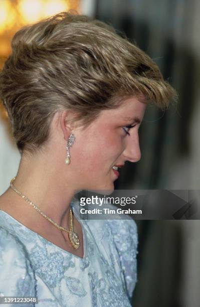 British Royal Diana, Princess of Wales , wearing a blue Catherine Walker dress with diamond-and-pearl drop earrings, attends a state banquet in Doha,...