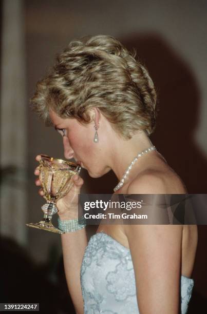 British Royal Diana, Princess of Wales , wearing a strapless blue chiffon-and-lace Catherine Walker dress, attends a banquet at the President's...