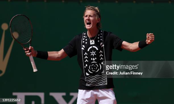Sebastian Korda of USA celebrates defeatingCarlos Alcaraz of Spain during day four of the Rolex Monte-Carlo Masters at Monte-Carlo Country Club on...