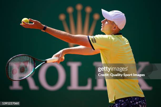 Hubert Hurkacz of Poland serves against Pedro Martinez of Spain during day four of the Rolex Monte-Carlo Masters at Monte-Carlo Country Club on April...