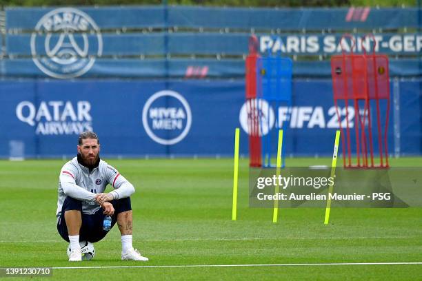 Sergio Ramos looks on during a Paris Saint-Germain training session at Ooredoo Center on April 13, 2022 in Paris, France.