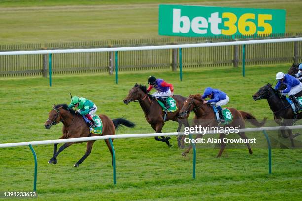 Frankie Dettori riding Francesco Clemente win The bet365 Wood Ditton Maiden Stakes at Newmarket Racecourse on April 13, 2022 in Newmarket, England.