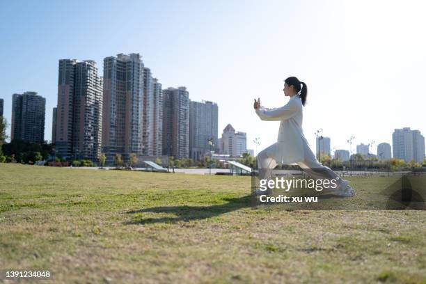 fitness exercise tai chi in the park - practising tai-chi stock pictures, royalty-free photos & images