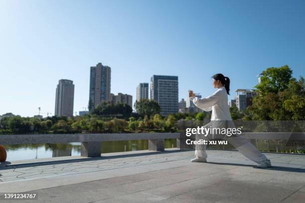 fitness exercise tai chi in the park - woman and tai chi stock pictures, royalty-free photos & images