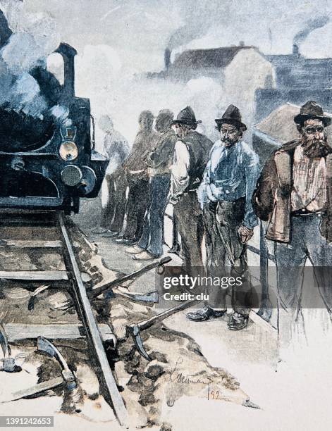 dangerous craft: laying railway tracks - train engineer stock illustrations