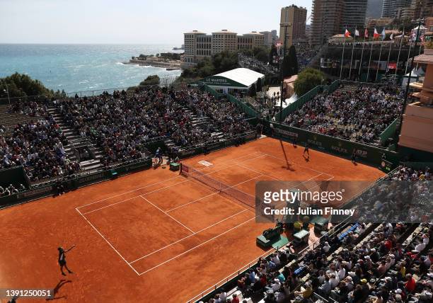 General view as Taylor Fritz of USA plays Marin Cilic of Croatia during day four of the Rolex Monte-Carlo Masters at Monte-Carlo Country Club on...