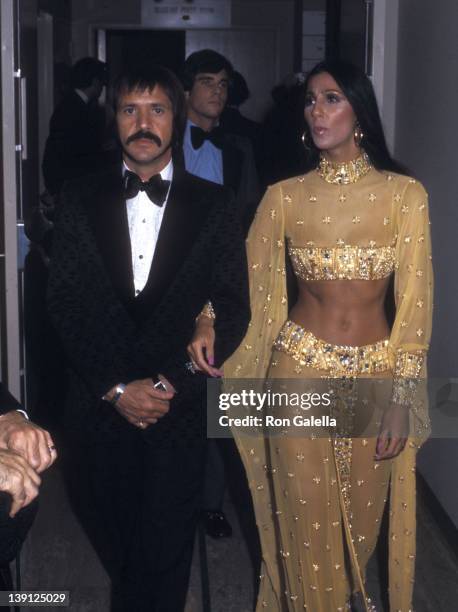 Singer Sonny Bono and singer Cher attend the 45th Annual Academy Awards on March 27, 1973 at Dorothy Chandler Pavilion, Los Angeles Music Center in...