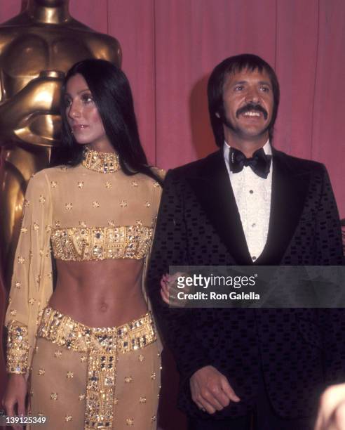 Singer Cher and singer Sonny Bono attend the 45th Annual Academy Awards on March 27, 1973 at Dorothy Chandler Pavilion, Los Angeles Music Center in...