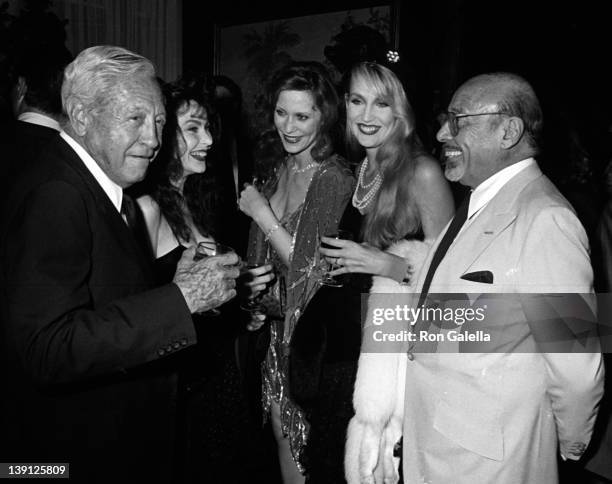 William Paley, Rosie Hall, Cindy Hall, Jerry Hall and Ahmet Ertegun attend Diana Vreeland Book Party on June 14, 1984 at Mortimer's Restaurant in New...