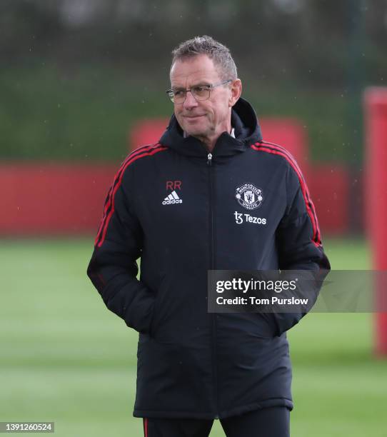 Interim Manager Ralf Rangnick of Manchester United in action during a first team training session at Carrington Training Ground on April 13, 2022 in...