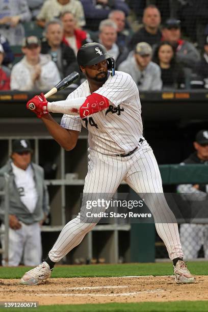 Eloy Jimenez of the Chicago White Sox at bat during a game against the Seattle Mariners at Guaranteed Rate Field on April 12, 2022 in Chicago,...