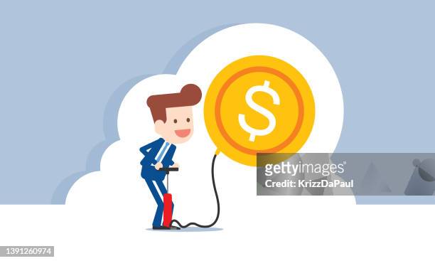 businessman pumps a us coin balloon, making money - bellows stock illustrations