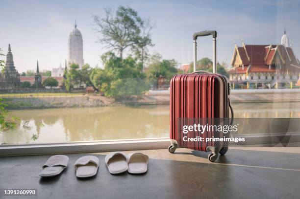 travel destination enjoy vacation with view suitcase and luggage in bed in hotel room at tourist resort in ayutthaya thailand - ayuthaya stock pictures, royalty-free photos & images