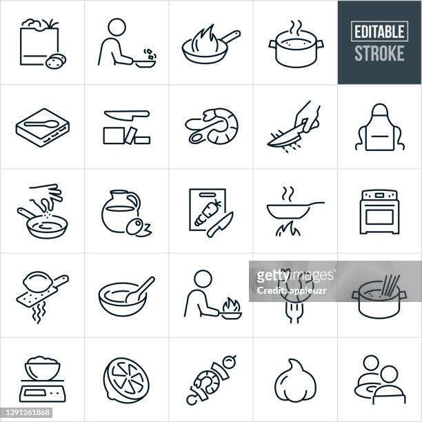 ilustraciones, imágenes clip art, dibujos animados e iconos de stock de cooking thin line icons - trazo editable - mondo