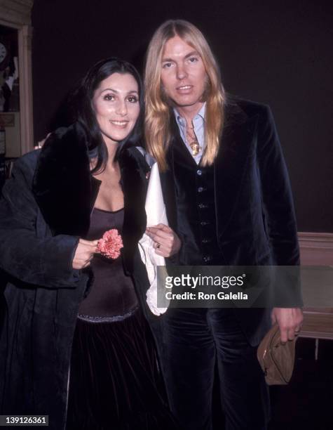 Singer Cher and musician Gregg Allman on January 21, 1977 leave the Georgetown Inn in Washington, DC.
