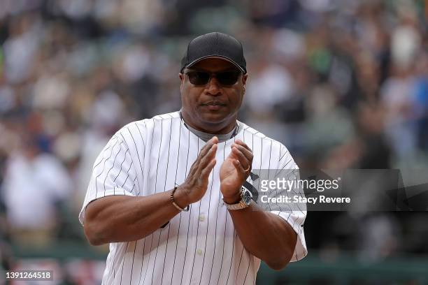 Former Chicago White Sox player Bo Jackson stands on the field prior to a game between the Chicago White Sox and the Seattle Mariners on Opening Day...