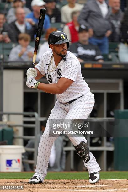 Jose Abreu of the Chicago White Sox at bat against the Seattle Mariners on Opening Day at Guaranteed Rate Field on April 12, 2022 in Chicago,...