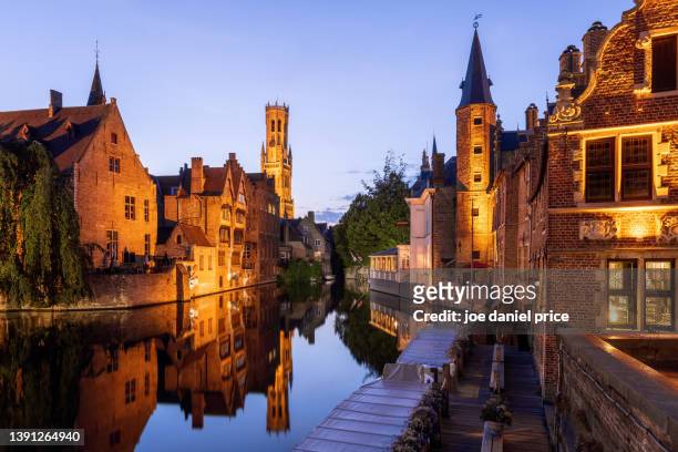 reflection, tranquility, belfry of bruges, bruges, flanders, belgium - bruges belgium stock pictures, royalty-free photos & images