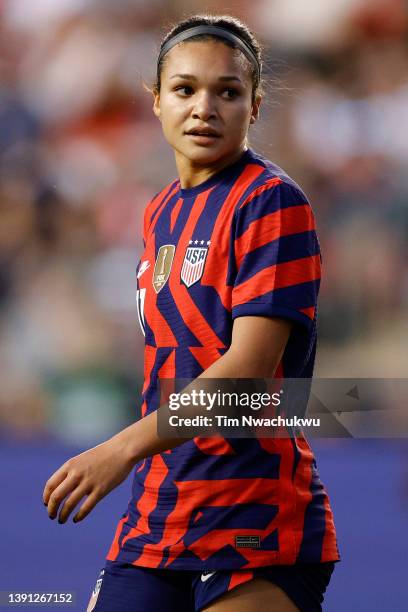 Sophia Smith of the United States looks on against Uzbekistan at Subaru Park on April 12, 2022 in Chester, Pennsylvania.