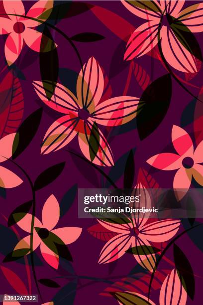 stockillustraties, clipart, cartoons en iconen met tropical floral pattern, purple vibes - hawaiian shirt