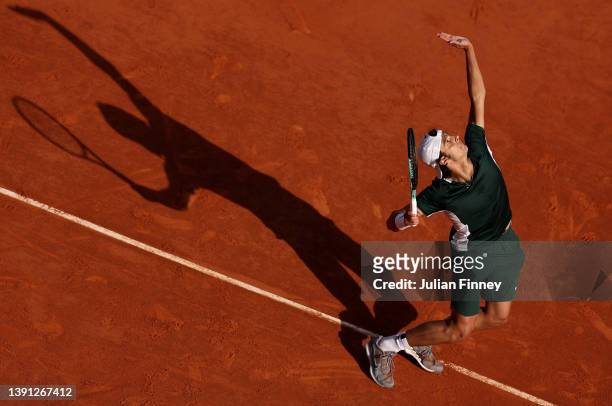 Lorenzo Musetti of Italy in action against Felix Auger-Aliassime of Canada during day four of the Rolex Monte-Carlo Masters at Monte-Carlo Country...