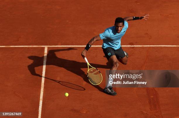 Felix Auger-Aliassime of Canada in action against Lorenzo Musetti of Italy during day four of the Rolex Monte-Carlo Masters at Monte-Carlo Country...