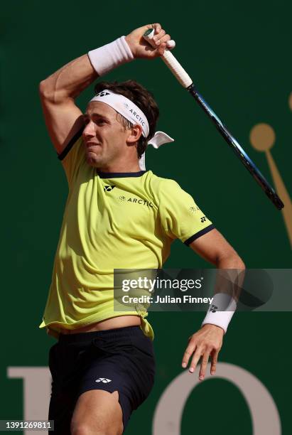 Casper Ruud of Norway in action against Holger Rune of Denmark during day four of the Rolex Monte-Carlo Masters at Monte-Carlo Country Club on April...