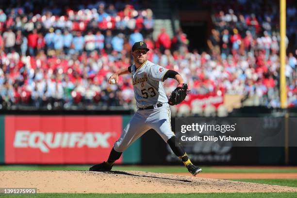 Heath Hembree of the Pittsburgh Pirates pitches against the St. Louis Cardinals at Busch Stadium on April 9, 2022 in St Louis, Missouri.