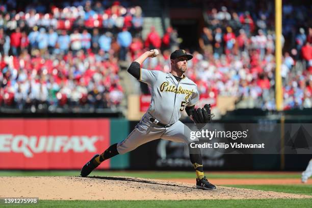 Heath Hembree of the Pittsburgh Pirates pitches against the St. Louis Cardinals at Busch Stadium on April 9, 2022 in St Louis, Missouri.