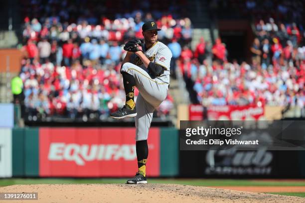 Heath Hembree of the Pittsburgh Pirates pitches against the St. Louis Cardinals at Busch Stadium on April 9, 2022 in St Louis, Missouri.