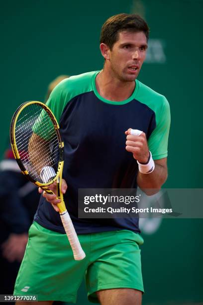 Federico Delbonis of Argentina celebrates a point against Alexander Zverev of Germany during day four of the Rolex Monte-Carlo Masters at Monte-Carlo...