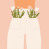 Girl with a naked back in white jeans with flowers in her pockets. Back view. Summer bouquet aesthetic. Modern floral vector illustration in cartoon style. Isolated pink background.