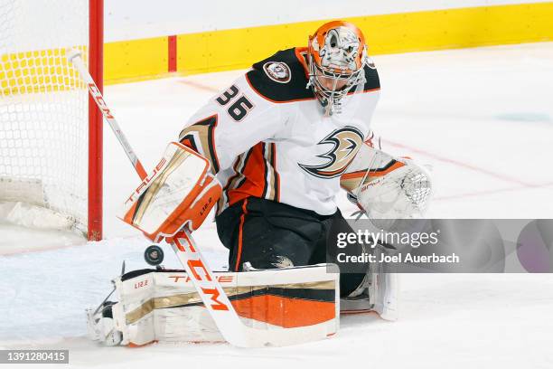 Goaltender John Gibson of the Anaheim Ducks defends the net against the Florida Panthers at the FLA Live Arena on April 12, 2022 in Sunrise, Florida.