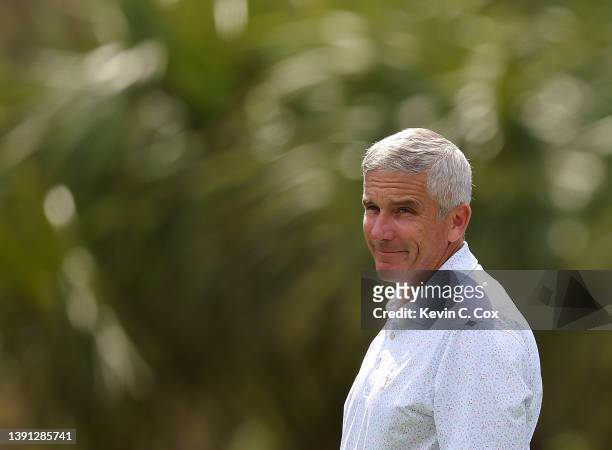 Commissioner Jay Monahan walks the sixth green during a pro-am prior to the RBC Heritage at Harbor Town Golf Links on April 13, 2022 in Hilton Head...