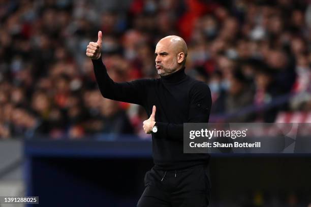 Manchester City Manager, Pep Guardiola reacts during the UEFA Champions League Quarter Final Leg Two match between Atletico Madrid and Manchester...