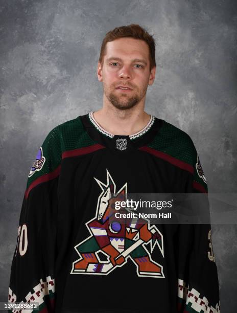 Harri Sateri of the Arizona Coyotes poses for his official headshot for the 2021-2022 season at Gila River Arena on April 12, 2022 in Glendale,...
