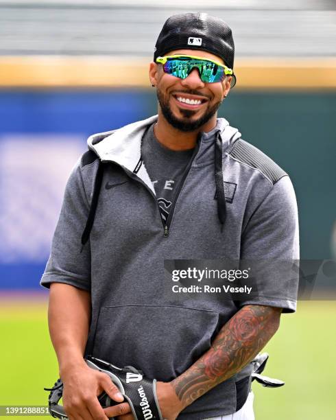 Leury Garcia of the Chicago White Sox looks on prior to the game against the Seattle Mariners on Opening Day at Guaranteed Rate Field on April 12,...