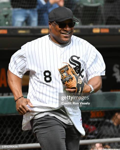 Chicago White Sox legend Bo Jackson participates in Opening Day pre-game ceremonies prior to the game against the Seattle Mariners on April 12, 2022...